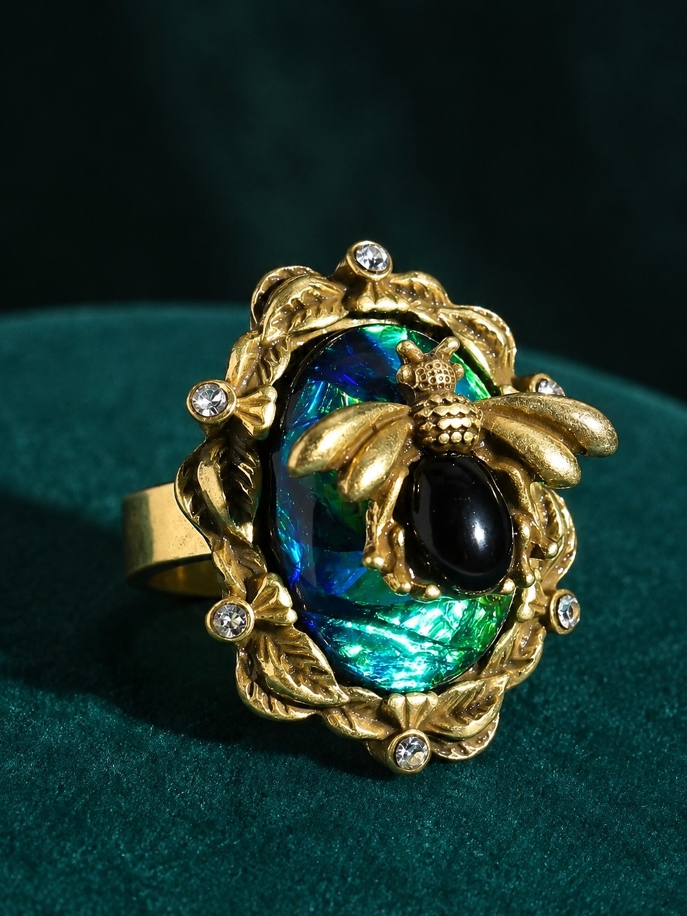 Gold Bee Statement Ring with Green-Blue Iridescent Stone